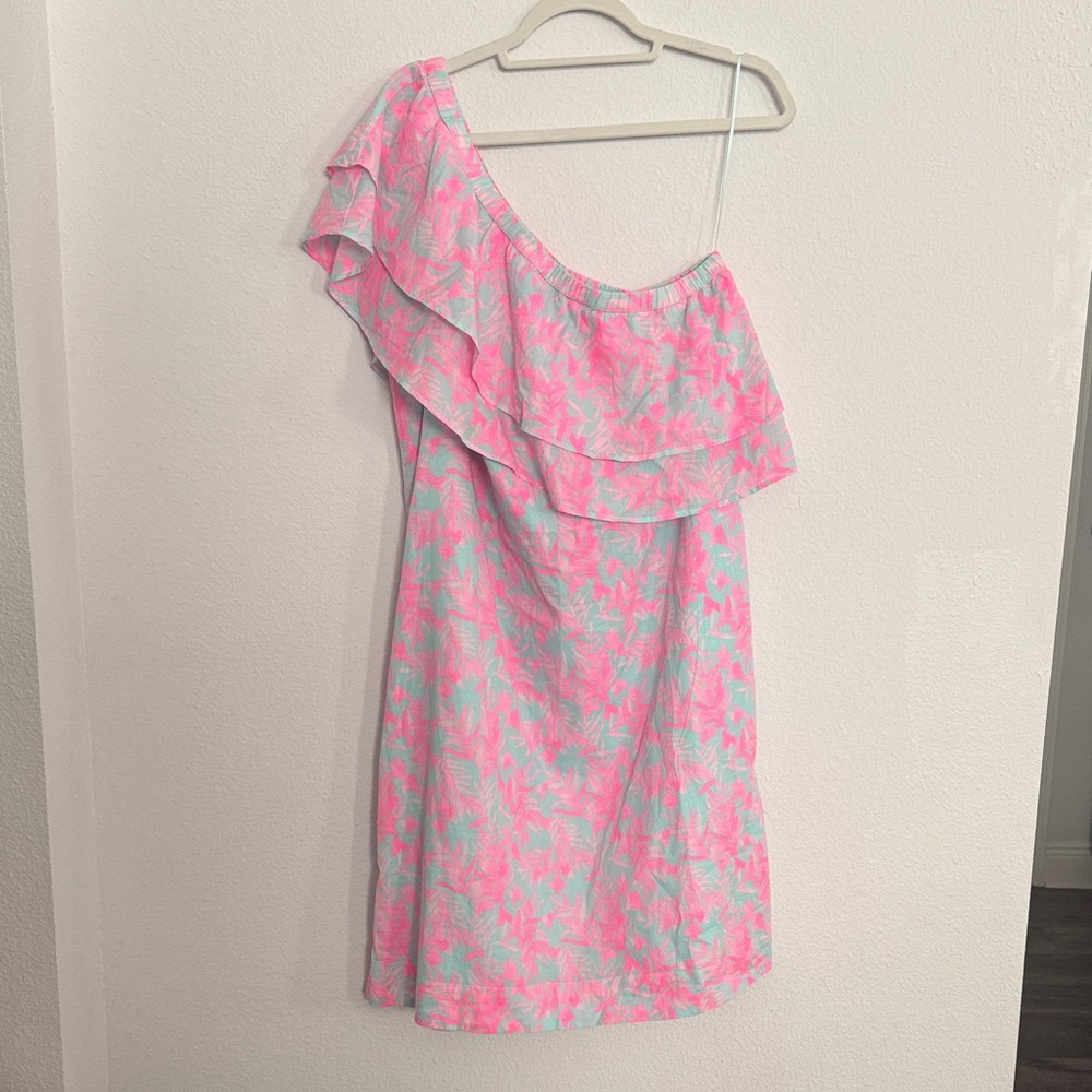 Vineyard Vines Pink and Blue Leaf Print One-shoulder Dress